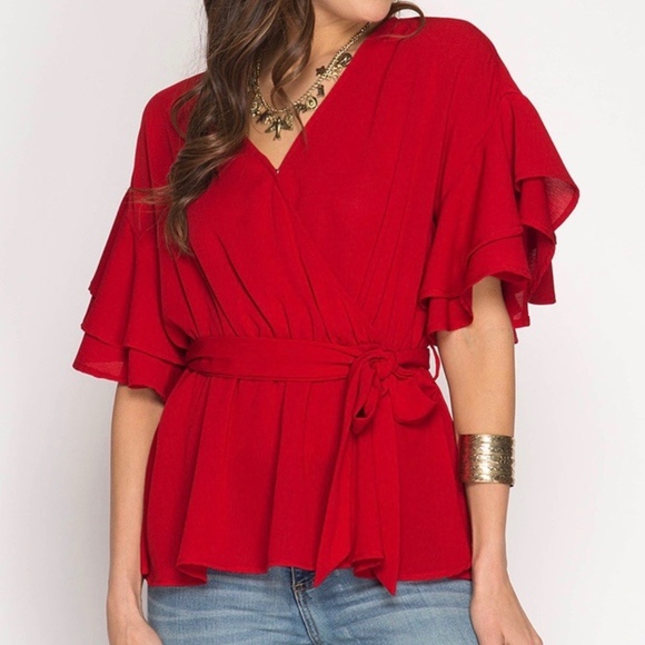 LAST ONE!  Red Ruffled Sleeve Tie  Waist top - Picture 2 of 5